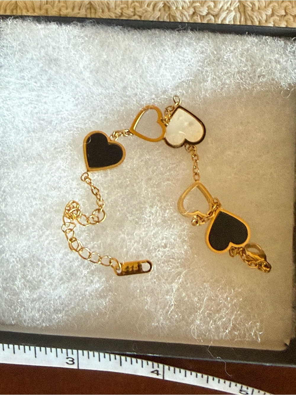 Gold Heart Link Bracelet with Black and White Enamel